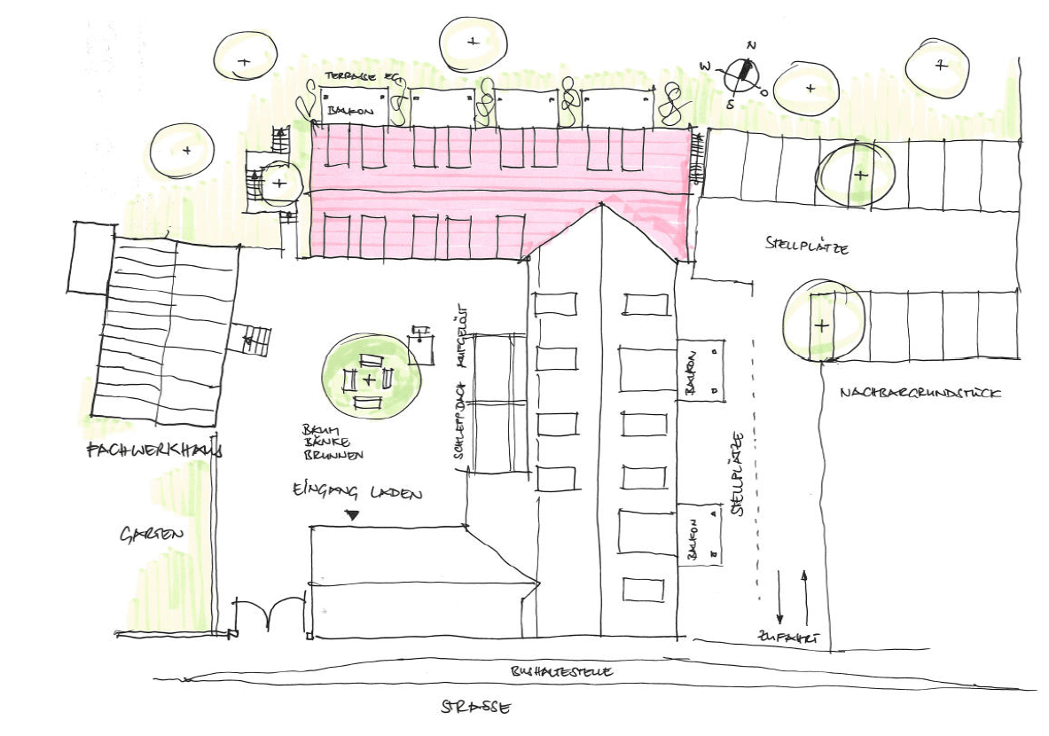 Skizze eines Lageplans der Gebäude auf dem Hof